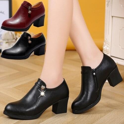 Fashion Women Side Zipper Leather Shoes Casual Square Heel Ankle Boots Non-slip Thick Heel Comfortable Mother Shoes