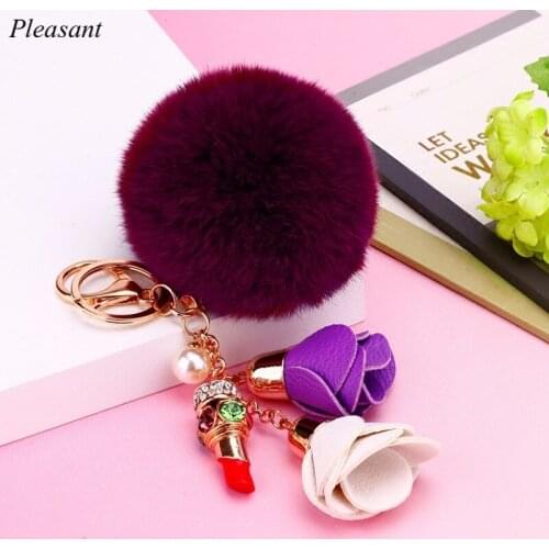 New Fashion Pearl Flower Keychain Crystal Pompom Keychain Car Women HandBag Key Chain Ring Fluffy Puff Ball Keychains Jewelry