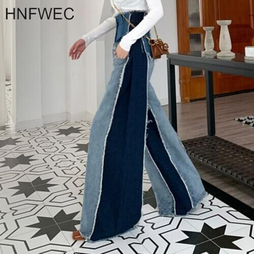 2020 new summer high waist tassels dark blue patchwork wide legs pants contrast colors denim trouser fashion K079