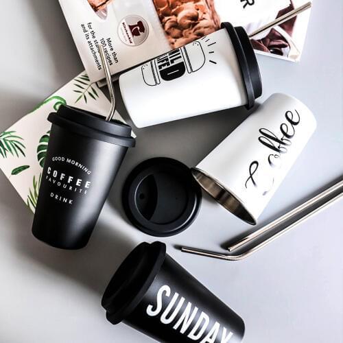 Black White Stainless Steel Silicone Mugs Hand Cup Thermol With Lid Mug Tea Milk coffee Cups Home Office School Creative Gift