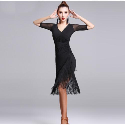 Black Latin Dance Dress Short-sleeve Latin Dance Dress Tassel one-piece Dess for Women Ballroom tango Cha Cha Rumba Costumes