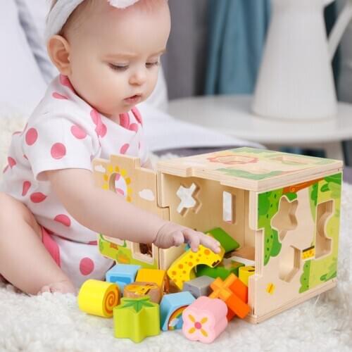 Kids Montessori Wooden Shape Matching Building Blocks Cartoon Colorful Intelligence Box Baby Assembled Early Education Game Gift