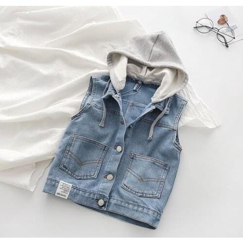 Childrens Denim Vest Removable Hood Boys and Girls Sleeveless Vest Vest Spring and Autumn Clothing Kids Coat Tide