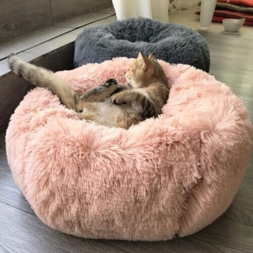 4cm Long Plush Kennel Pet Dog Bed Round Cat Winter Warm Sleeping Bag Super Soft Puppy Cushion Mat Portable Cat Supplies 60/70cm