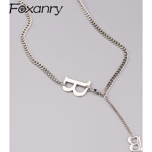 Foxanry 925 Sterling Silver Necklace New Trend Hip Hop Vintage Creative Big Small Letter B Couples Clavicle Chain Jewelry Gifts