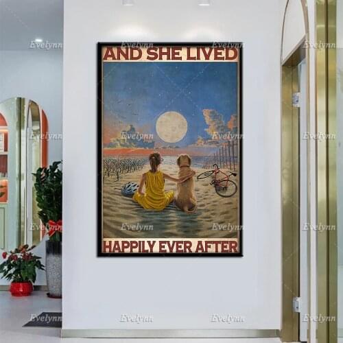 Dog Lovers Girl And She Lived Happily Ever After T Shirt Beach Wall Art Print Home Living Decor Canvas Retro Poster Unique Gift