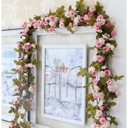 230cm Artificial Vine Flowers Silk Roses Fake Flowers With Plastic Green Leaves Wedding Vine Wall Hanging Garland Decoration