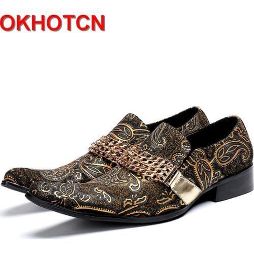 Genuine Leather Italian Men Shoes Print Mens Gold Dress Shoes With Chains Square Toe Men Party Shoes Slip On Big Size Shoe Male