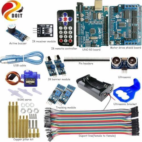 DOIT 1 set IR Control Kit with UNO R3 Board+Motor Drive Shield Board+Ultrasonic+SG90 Servo+Obstacle Avoidance for Arduino Kit RC