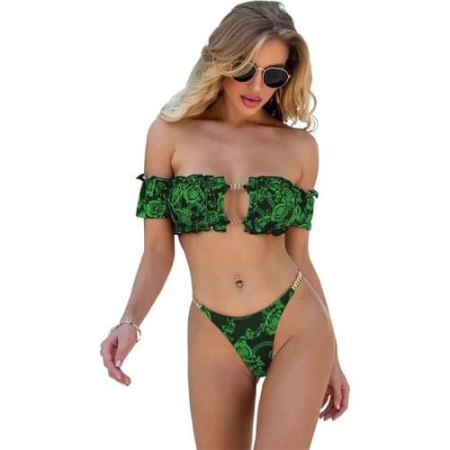 Bikini Push Up Two Pieces Suit Sexy Swimsuit Women Summer Vintage Print Off Shoulder Ladies Casual Beachwear Femme
