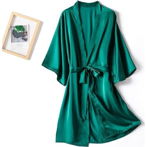Summer Women Green Robe Satin Kimono Gown Mini Sleepwear Sexy V-neck Bathrobe Gown With Belt Female Loose Intimate Lingerie