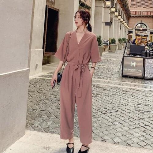 Summer Short Sleeve V-neck Bandage Jumpsuit Women Fashion Korean Loose Elegant Straight One Piece Pants Sets Overalls Jump Suit