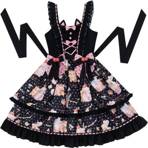 Lolita JSK Dress Pleated Bow Black Sweet Strawberry Milkshake Cute Dress
