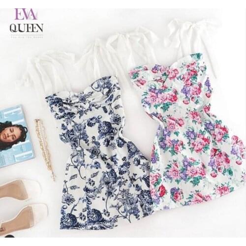 Evaqueen Muti Floral Print Summer Dress Women Ruched Spaghetti Strap Bow Mini Dress Female Holiday Bodycon Dresses 2021 Vestidos