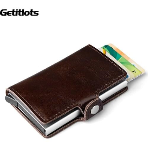 Genuine Cow Leather Men Credit Card Holder Automatic Aluminum Mini Card Wallet With Back Pocket ID Card RFID Blocking Purse Hot