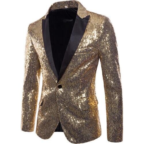 New Mens Stylish Gold Colorized Double-Color Sequins Bling Blazer Nightclub Bar Stage Singer Costume Wedding Groom Suit Jacket