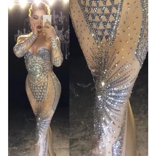 Super Sparkly Rhinestone Long Dress Sexy Silver Glisten Crystals Costume Evening Birthday Celebrate Dress Wear Luxurious Outfit