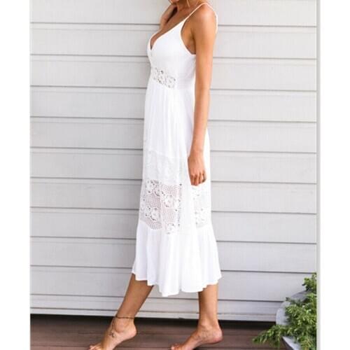 White Strap Dresses HOT Women Summer Casual White Sleeveless V-Neck High Waist Hollow Out Loose Maxi Dresses