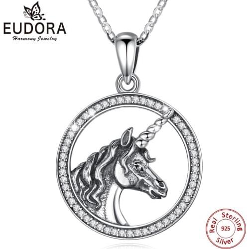 Eudora 925 Sterling Silver unicorn Necklace Pendant vintage horse Necklace with Pure CZ Equestrian Jewelry fo Animal Series D524