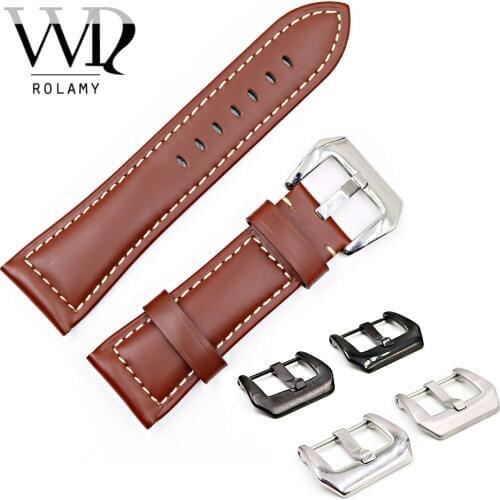 Rolamy 22 24 26mm Brown Smooth Real Leather Handmade Thick Replacement Wrist Watch Band Strap Belt With Pre-V Screw Buckle