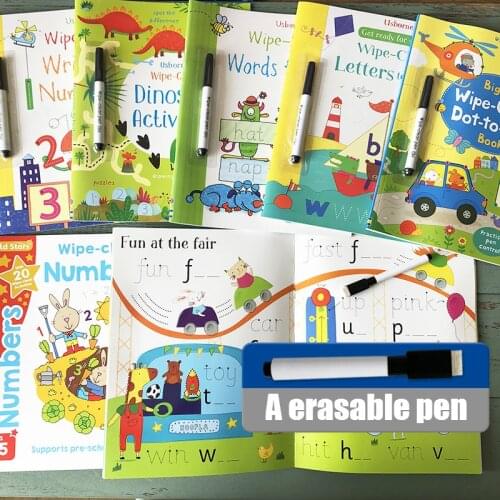 Children Wipe-Clean Reusable English Exercise Book with Pen Writing skills Number Words for Preschool Early Learning book toy