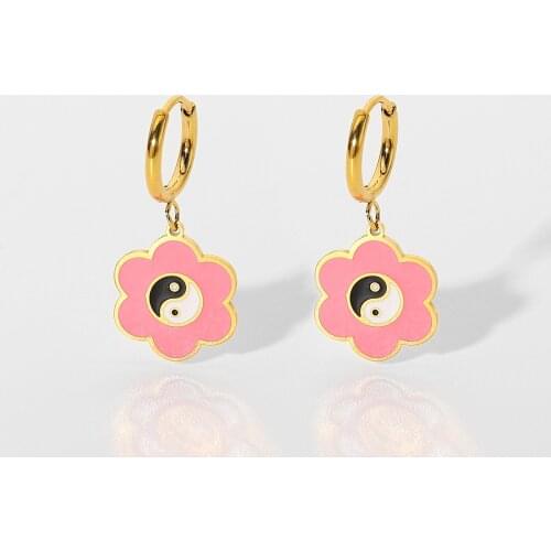Ins Summer Pink Flower Yin Yang Stainless Steel Earrings18K Gold Plated Huggie Hoop Yin Yang Drop Earring Jewelry For Girls