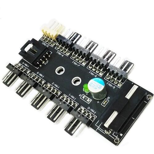 Chassis Fan Hub CPU Cooling HUB 10 Port 12V 3Pin/4 Pin Fan PWM Fan Hub Controller power from Molex 4Pin Interface