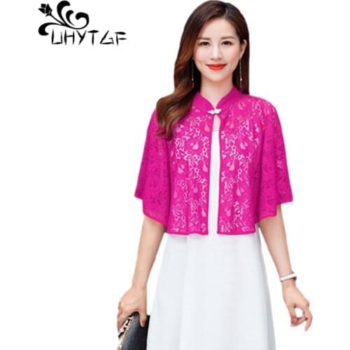 UHYTGF Elegant Women Summer Shawl Cape Jacket Fashion Lace Hollow Casual Thin Coat Solid Color Plus Size Tops Short Clothes 1274