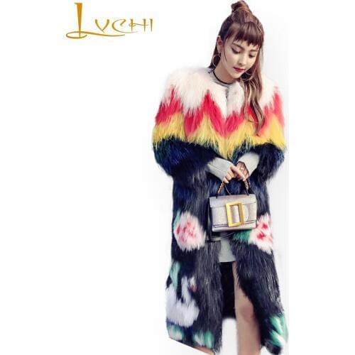 LVCHI 2019 fashion new long knitted fox fur coat womens Weave stylish real fur fox beautiful Jackets thick warm slim overcoat