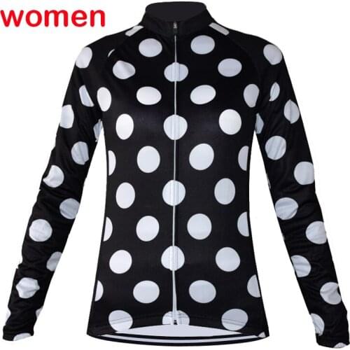 Women Winter Fleece & Thin Black Cycling Jersey White Dots Long Sleeve Racing Mtb Bike Wear Clothing