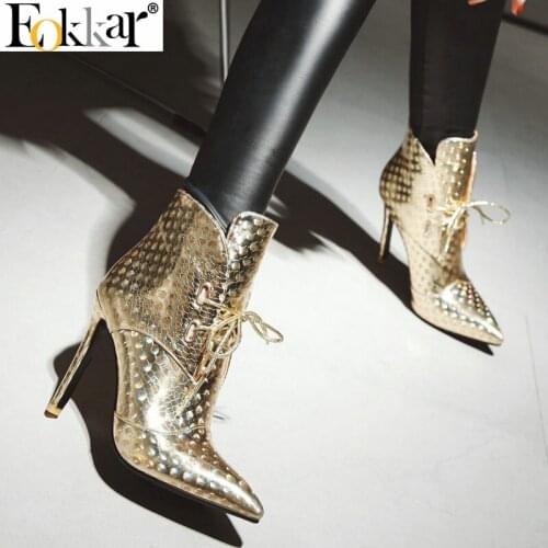 Eokkar 2020 Women Ankle Boots Thin High Heel Pointed Toe Winter Boots Lace Up Elegant Sexy All Math Ladies Boots Size 34-43