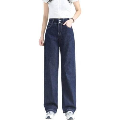 Jeans Woman 2021 New Fashion Womens Solid Color High Waist Loose Jeans Street Double Button Womens Straight Wide-leg Pants