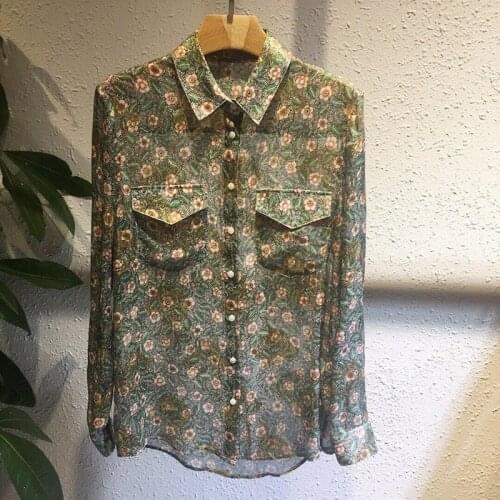 Womens Tops 100% Silk Vintage Print Shirt Top