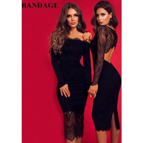 BANDAGE Sexy Backless Bandage Dress Black Lace Women Vestidos Long Sleeve Bodycon Celebrity Christmas New Year Eve Party Dress