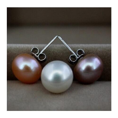 3 MIX COLOR 100 PAIRS/LOT 9-10MM Super Size Genuine Natural Freshwater Pearl Stud Earrings Jewelry Hot Cheap Sale