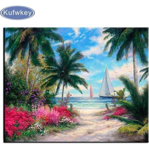 5D DIY Diamond Painting Cross Stitch Full Round/square Drill Tropical Painting,Beach Sailboat,Ship Diamond Embroidery Kit