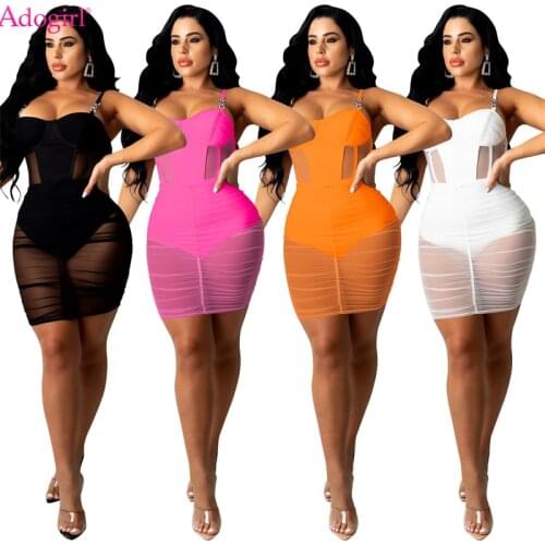 Adogirl Women Sexy Sheer Mesh Bodycon Mini Dress Chain Straps Strapless Pleated Club Party Vestidos with Underwear Lining