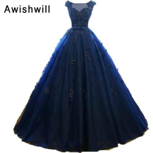 Real Picture Cap Sleeve Keyhole Back Ball Gown Party Prom Dress Applique Beaded Tulle Navy Blue Evening Gowns Long Abendkleid