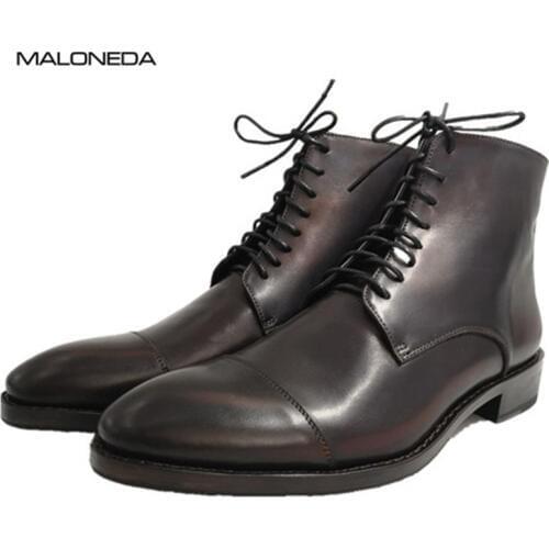 MALONEDE Fashion Retro Mens Lace up Short Boots Genuine Leather Sole Handmade with goodyear welted Leather Boots