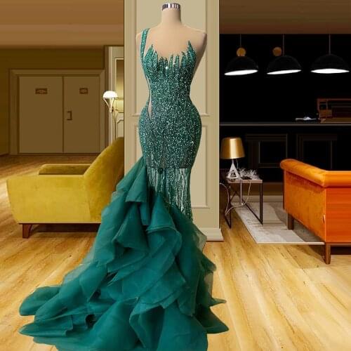 Elegant Green One Shoulder Long Evening Dress Women Sexy See Through Prom Dresses 2021 Customized Beaded Wedding Party Gowns