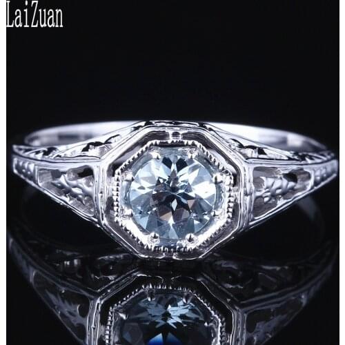 LAIZUAN Solid 14K White Gold AU585 Round 4.5mm Genuine Natural Aquamarine Engagement Wedding Ring Women Vintage Antique Jewelry