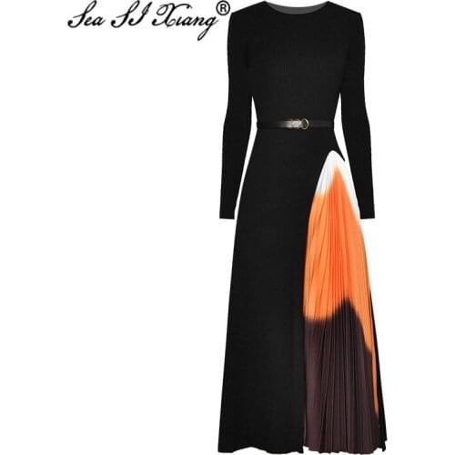 Seasixiang Fashion Designer Autumn Patchwork Dress Womens O-Neck Long sleeve Sashes knitting Pleated Dresses