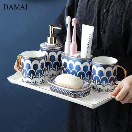 Creativity Painted Stripes Bathroom Accessories Set Ceramic Golden Stroke Decorative Home Five Piece Set Toiletries Organizer