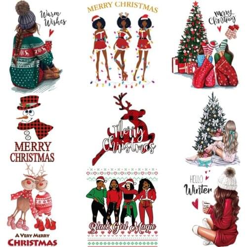 Christmas Girls Iron-On Transfers For Clothing Patches A-Level Washable T-Shirts Thermo Adhesive Patches Merry Christmas Sticker