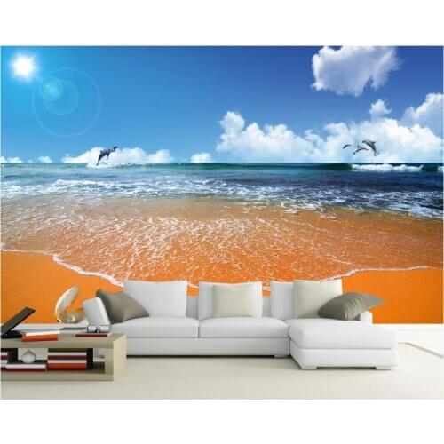Custom mural 3d photo wallpaper Blue sky and white cloud beach dolphin scenery living room Home decor wallpaper for wall 3 d