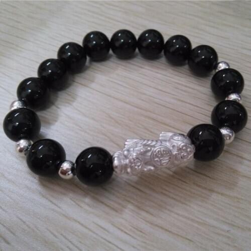 Real 925 Sterling Silver Pixiu Bead Bracelet 10mm Onyx bead Bracelet for Men and Women