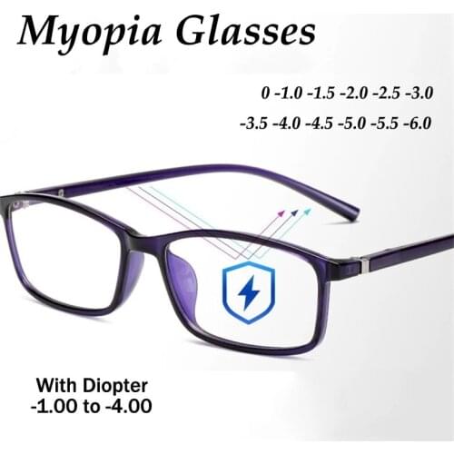 Business Myopia Glasses Men Women Anti Blue Rays Square Student Myopia Glasses Frame 0 -1.0 -1.5 -2.0 -2.5 -3.0 -3.5 -4.0