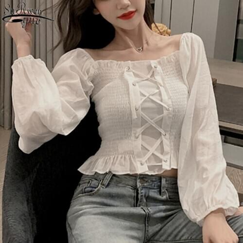Casual Long Sleeve Shirt Sexy Short Blouses Women Fashion 2021 Autumn Slash Neck Korean Off-Shoulder Blouses Ladies Tops 10447