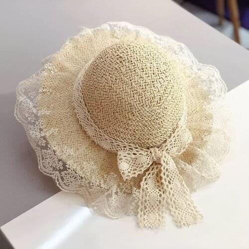 New Childrens Lace Ribbon Bow Hat For Girls Outdoor Straw Sun Hats Summer Beach Kids Traveling Cap Panama mutsen