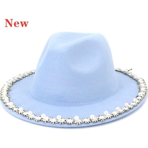 Womens new pearl big brim fedora hat autumn winter fashion wide brim woolen jazz hat small fragrant style top hat